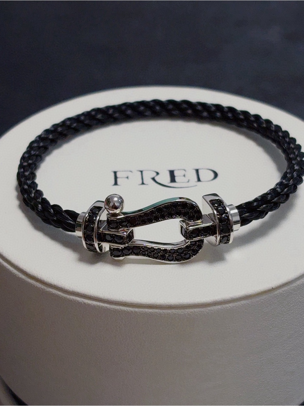 FRED Black Braided Leather Bracelet with Black Pavé Clasp